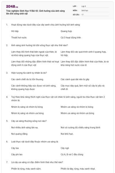 Trắc nghiệm Sinh Học 9 Bài 42: Ảnh hưởng của ánh sáng lên đời sống sinh vật