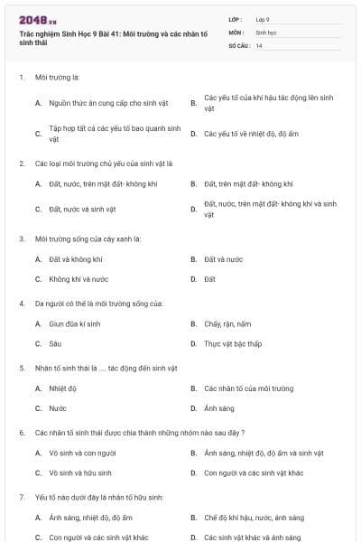 Trắc nghiệm Sinh Học 9 Bài 41: Môi trường và các nhân tố sinh thái