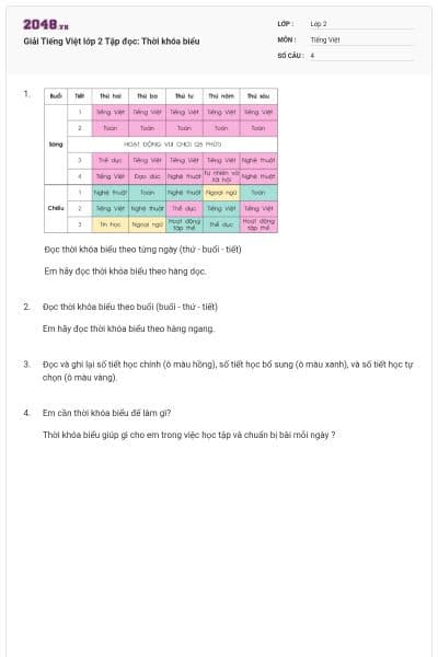 Giải Tiếng Việt lớp 2 Tập đọc: Thời khóa biểu