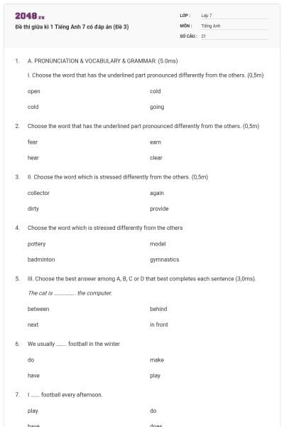 Đề thi giữa kì 1 Tiếng Anh 7 có đáp án (Đề 3)