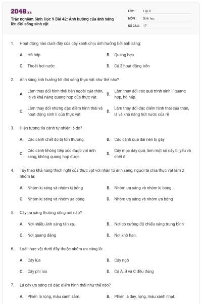 Trắc nghiệm Sinh Học 9 Bài 42: Ảnh hưởng của ánh sáng lên đời sống sinh vật