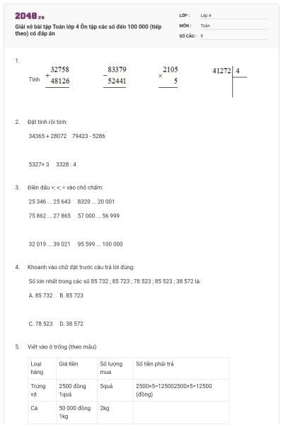 Giải vở bài tập Toán lớp 4 Ôn tập các số đến 100 000 (tiếp theo) có đáp án