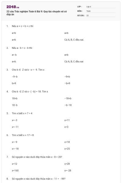 22 câu Trắc nghiệm Toán 6 Bài 9: Quy tắc chuyển vế có đáp án