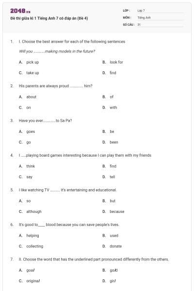 Đề thi giữa kì 1 Tiếng Anh 7 có đáp án (Đề 4)