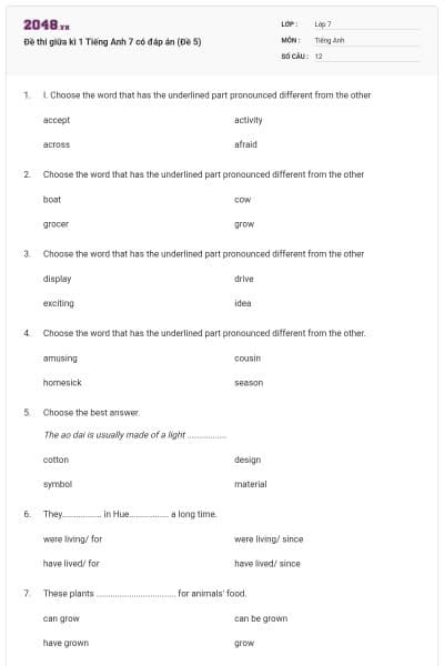 Đề thi giữa kì 1 Tiếng Anh 7 có đáp án (Đề 5)