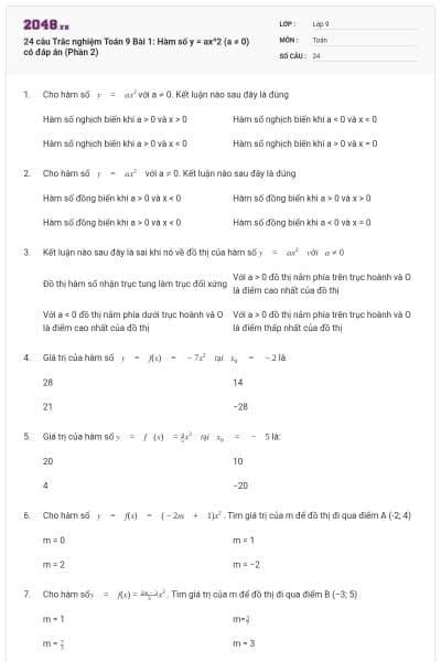 24 câu Trắc nghiệm Toán 9 Bài 1: Hàm số y = ax^2 (a ≠ 0) có đáp án (Phần 2)