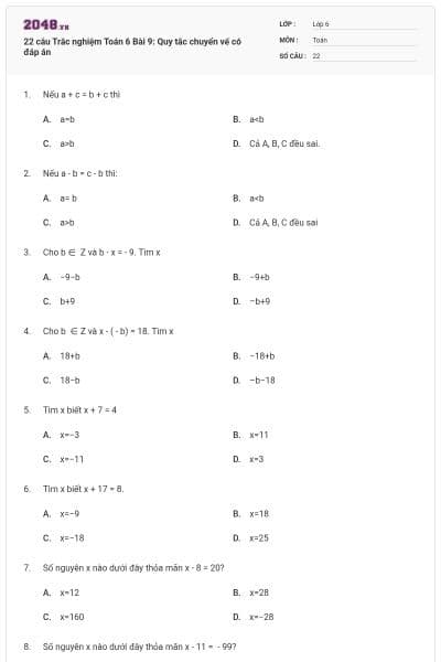 22 câu Trắc nghiệm Toán 6 Bài 9: Quy tắc chuyển vế có đáp án