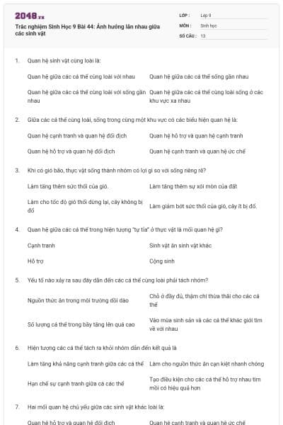 Trắc nghiệm Sinh Học 9 Bài 44: Ảnh hưởng lẫn nhau giữa các sinh vật