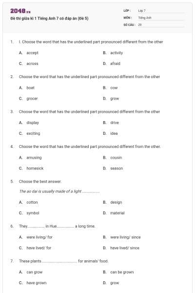 Đề thi giữa kì 1 Tiếng Anh 7 có đáp án (Đề 5)