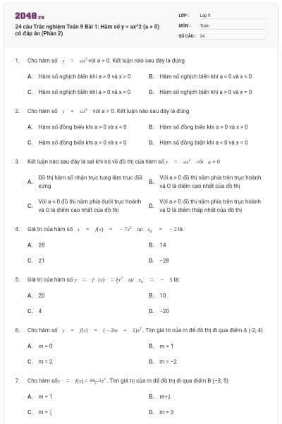 24 câu Trắc nghiệm Toán 9 Bài 1: Hàm số y = ax^2 (a ≠ 0) có đáp án (Phần 2)