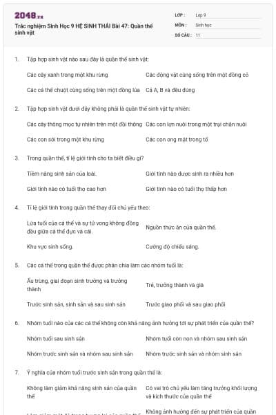 Trắc nghiệm Sinh Học 9 HỆ SINH THÁI Bài 47:  Quần thể sinh vật