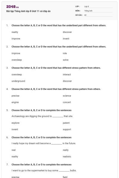 Bài tập Tiếng Anh lớp 8 Unit 11 có đáp án