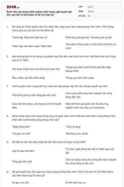 Bước đầu xây dựng chính quyền cách mạng, giải quyết nạn đói, nạn dốt và khó khăn về tài (Có đáp án)