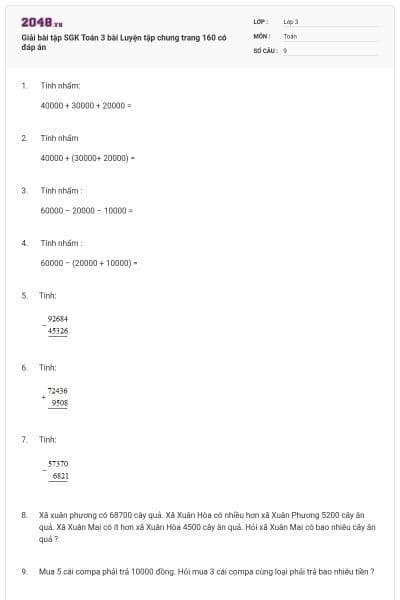 Giải bài tập SGK Toán 3 bài Luyện tập chung trang 160 có đáp án