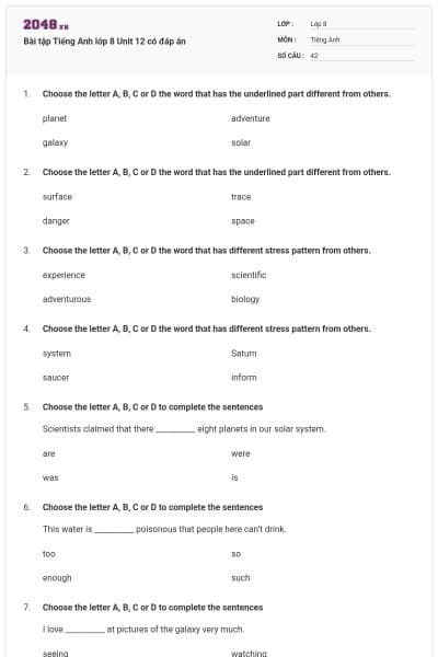Bài tập Tiếng Anh lớp 8 Unit 12 có đáp án