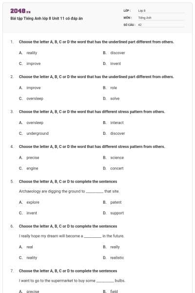 Bài tập Tiếng Anh lớp 8 Unit 11 có đáp án