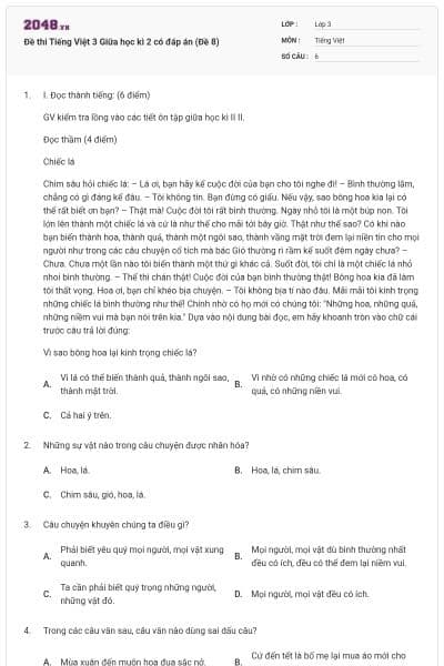 Đề thi Tiếng Việt 3 Giữa học kì 2 có đáp án (Đề 8)