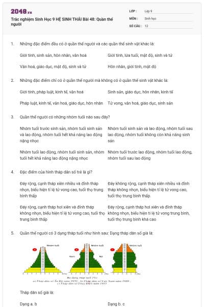 Trắc nghiệm Sinh Học 9 HỆ SINH THÁI Bài 48: Quần thể người