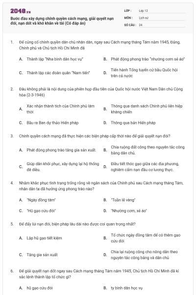 Bước đầu xây dựng chính quyền cách mạng, giải quyết nạn đói, nạn dốt và khó khăn về tài (Có đáp án)