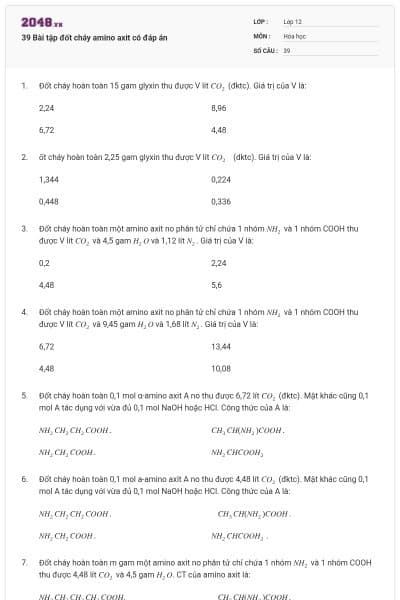 39 Bài tập đốt cháy amino axit có đáp án