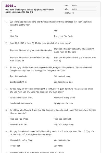 Đấu tranh chống ngoại xâm và nội phản, bảo về chính quyền cách mạng (Có đáp án)