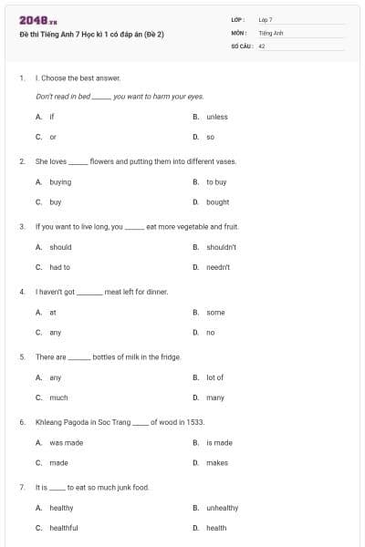 Đề thi Tiếng Anh 7 Học kì 1 có đáp án (Đề 2)