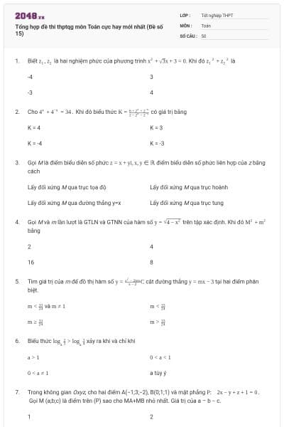 Tổng hợp đề thi thptqg môn Toán cực hay mới nhất (Đề số 15)