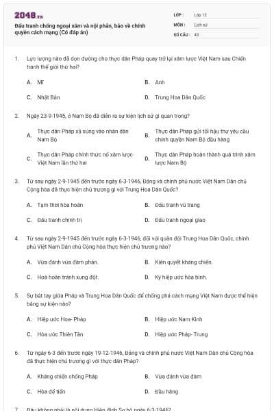 Đấu tranh chống ngoại xâm và nội phản, bảo về chính quyền cách mạng (Có đáp án)