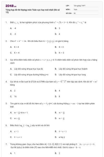 Tổng hợp đề thi thptqg môn Toán cực hay mới nhất (Đề số 15)