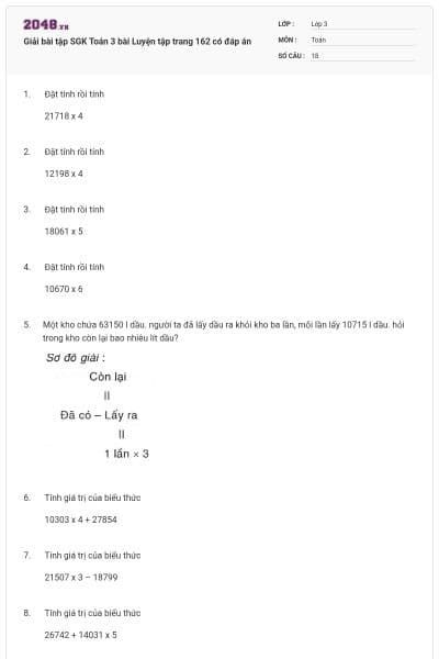 Giải bài tập SGK Toán 3 bài Luyện tập trang 162 có đáp án