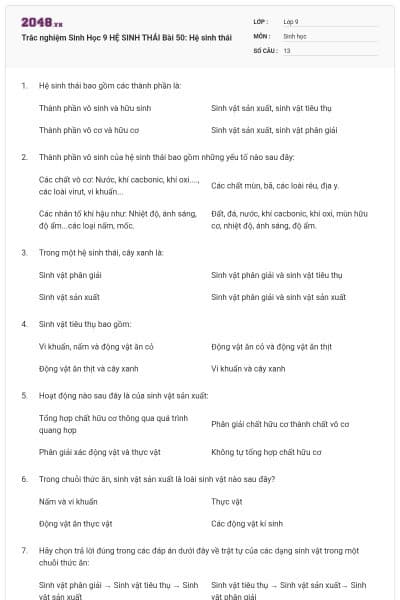 Trắc nghiệm Sinh Học 9 HỆ SINH THÁI Bài 50: Hệ sinh thái