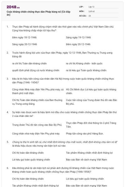 Cuộc kháng chiến chống thực dân Pháp bùng nổ (Có đáp án)