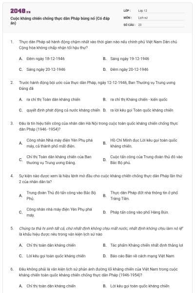 Cuộc kháng chiến chống thực dân Pháp bùng nổ (Có đáp án)