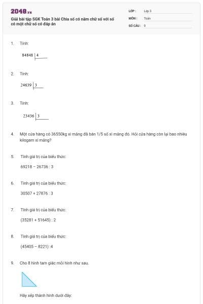 Giải bài tập SGK Toán 3 bài Chia số có năm chữ số với số có một chữ số có đáp án