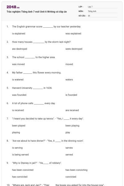 Trắc nghiệm Tiếng Anh 7 mới Unit 6 Writing có đáp án