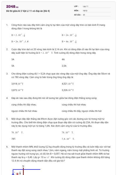 Đề thi giữa kì 2 Vật Lí 11 có đáp án (Đề 4)