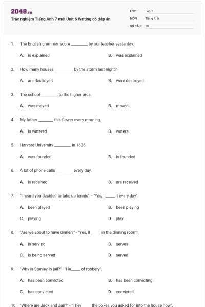 Trắc nghiệm Tiếng Anh 7 mới Unit 6 Writing có đáp án