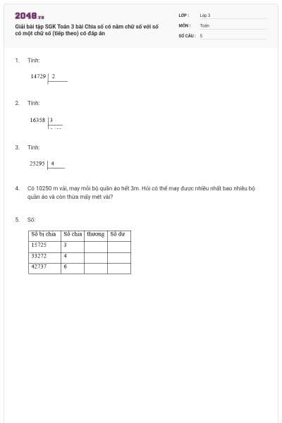 Giải bài tập SGK Toán 3 bài Chia số có năm chữ số với số có một chữ số (tiếp theo) có đáp án