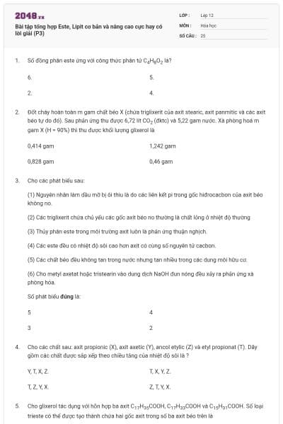 Bài tập tổng hợp Este, Lipit cơ bản và nâng cao cực hay có lời giải (P3)