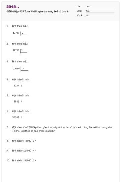 Giải bài tập SGK Toán 3 bài Luyện tập trang 165 có đáp án