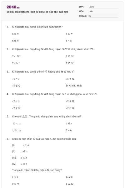 25 câu Trắc nghiệm Toán 10 Bài 2(có đáp án): Tập hợp