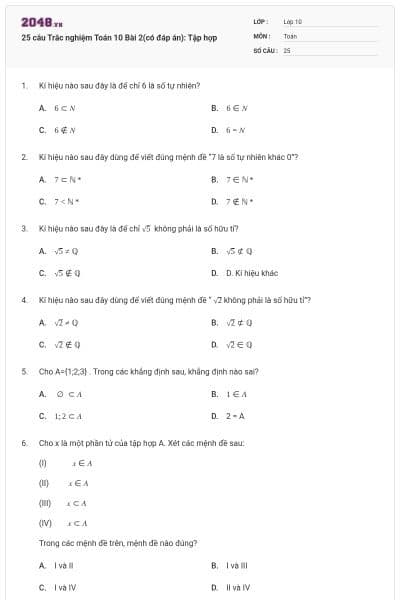 25 câu Trắc nghiệm Toán 10 Bài 2(có đáp án): Tập hợp