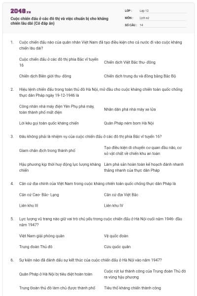 Cuộc chiến đấu ở các đô thị và việc chuẩn bị cho kháng chiến lâu dài (Có đáp án)