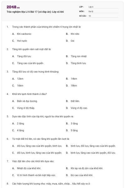 Trắc nghiệm Địa Lí 6 Bài 17 (có đáp án): Lớp vỏ khí