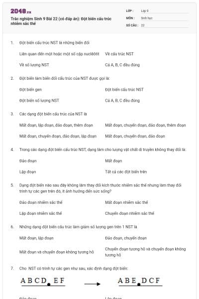 Trắc nghiệm Sinh 9 Bài 22 (có đáp án): Đột biến cấu trúc nhiễm sắc thể