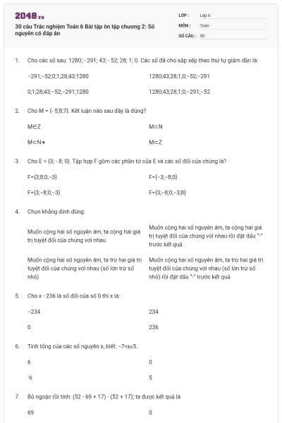30 câu Trắc nghiệm Toán 6 Bài tập ôn tập chương 2: Số nguyên có đáp án