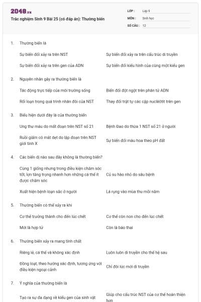 Trắc nghiệm Sinh 9 Bài 25 (có đáp án): Thường biến