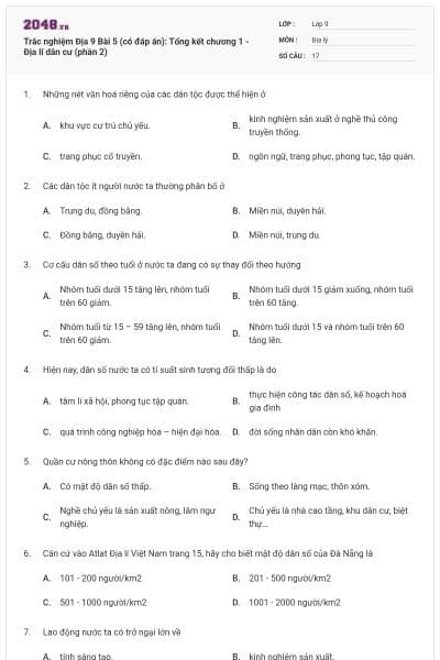 Trắc nghiệm Địa 9 Bài 5 (có đáp án): Tổng kết chương 1 - Địa lí dân cư (phần 2)