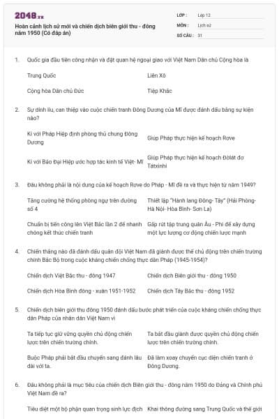 Hoàn cảnh lịch sử mới và chiến dịch biên giới thu - đông năm 1950 (Có đáp án)