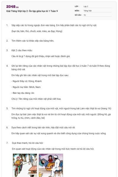 Giải Tiếng Việt lớp 2: Ôn tập giữa học kì 1 Tuần 9